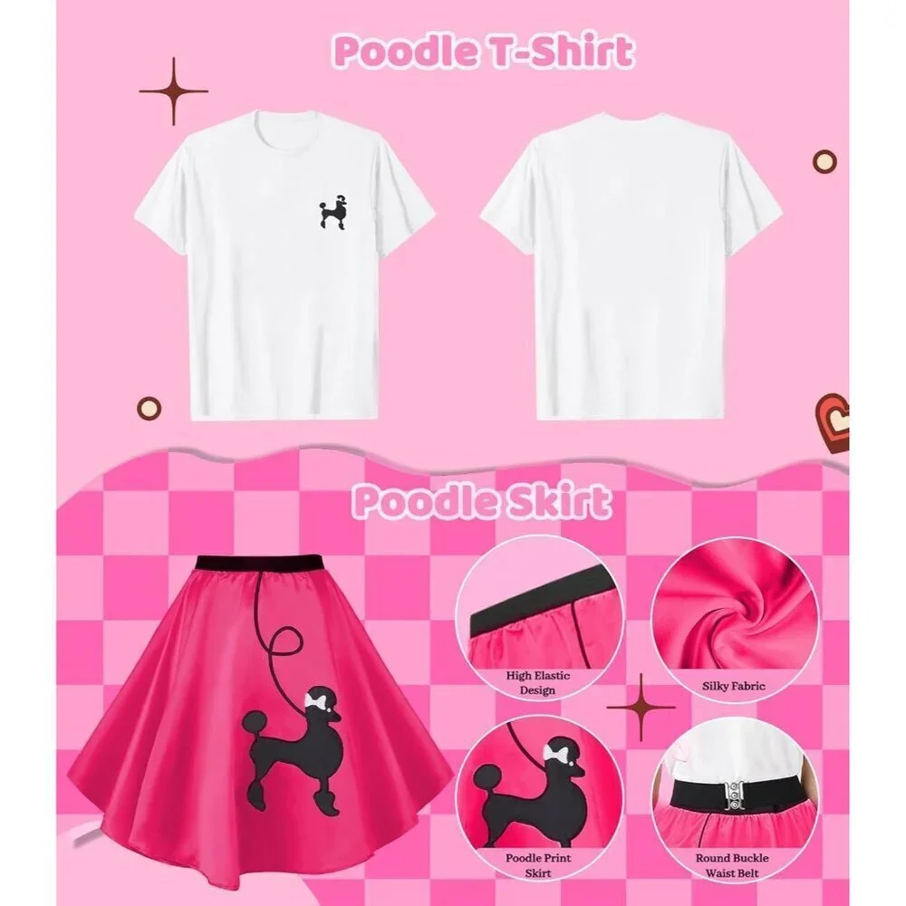 Women 10Pcs 1950s Poodle Skirt Outfit Set Retro Sock Hop Vintage Style